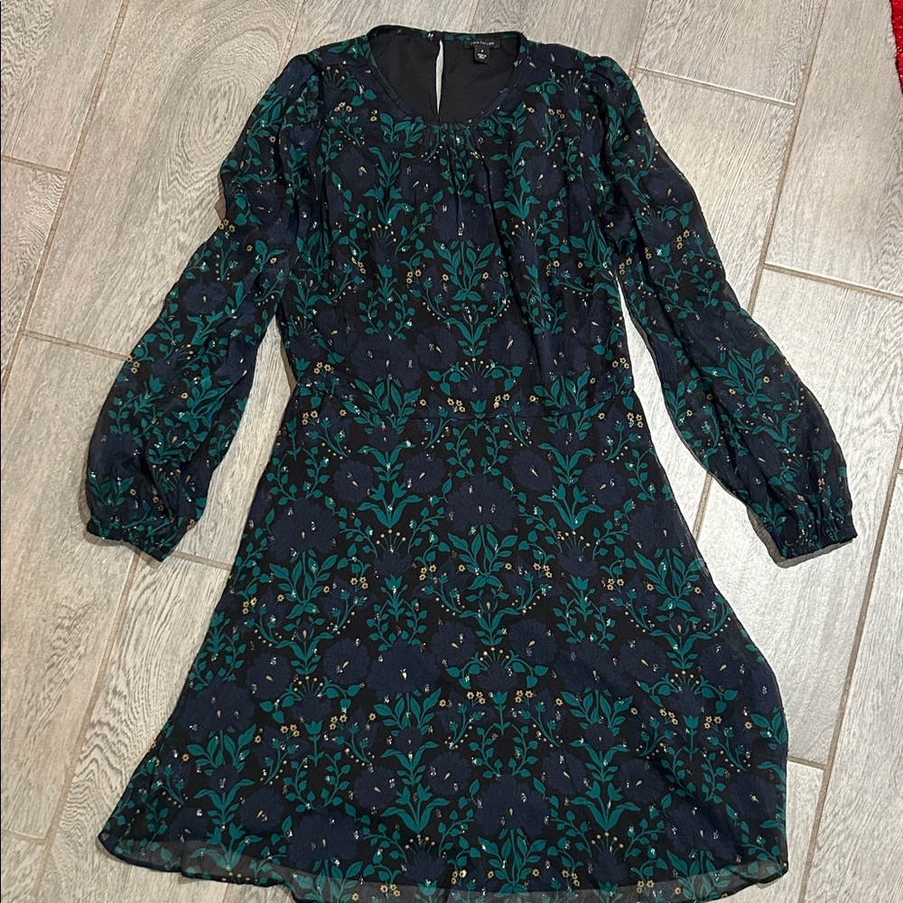 Ann Taylor Elegant Black/Navy and Green Floral Dress